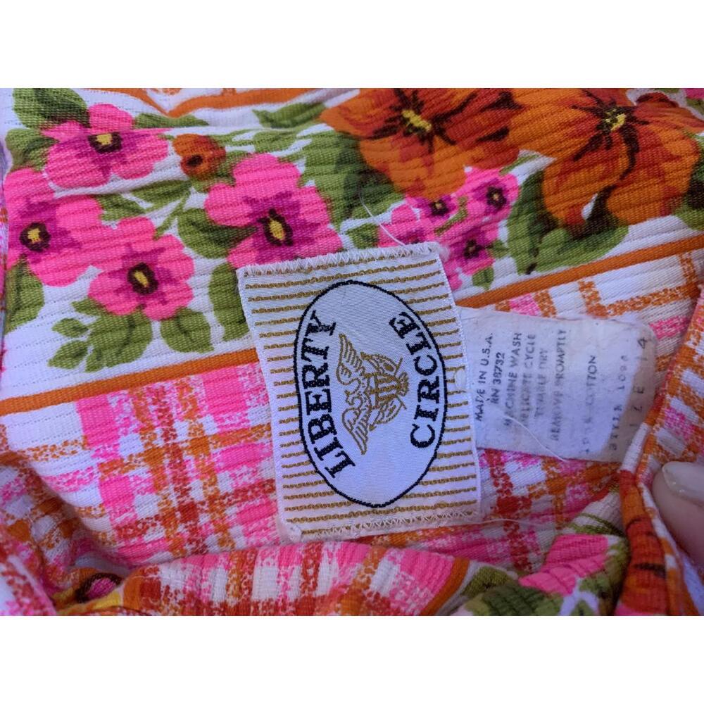 Vintage 60s/70s Liberty Circle Day Glo sleeveless Floral and Plaid Pattern Dress - Picture 5 of 5